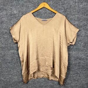 Satin Blouse Top Womens Small Tan Short Sleeve Quiet Luxury Euro Made in USA